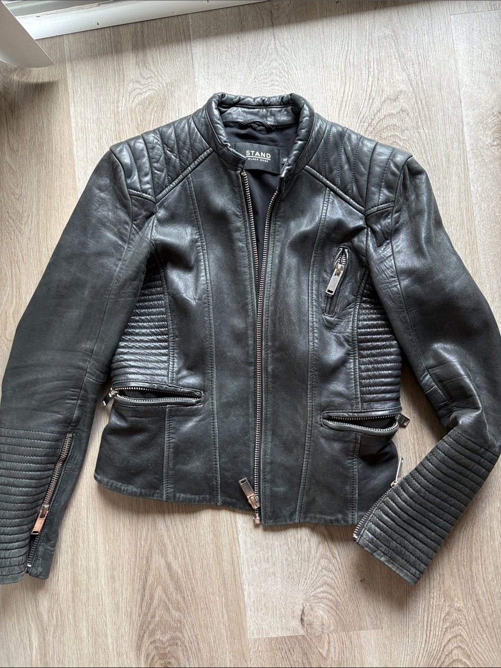 Stand Studio Black Quilted Panel Leather Biker Jacket